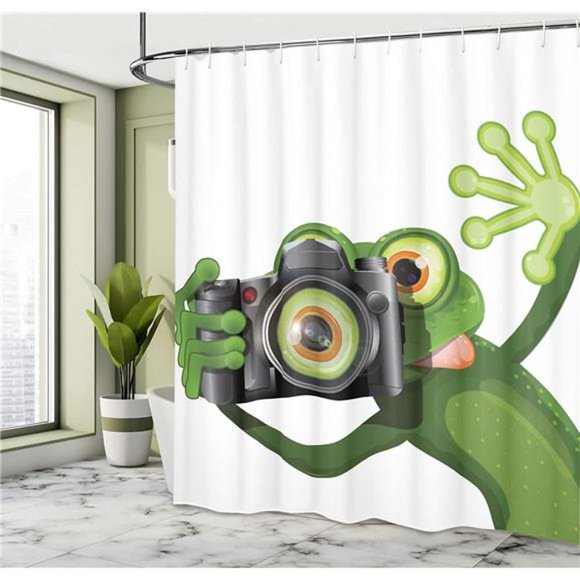 Funny Photographer Merry Green Frog Cloth Fabric Bathroom Decor Set with Hooks - Picture 4 of 4